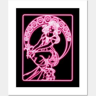 Pink Neon Light Mucha Art Nouveau Summer Time Posters and Art